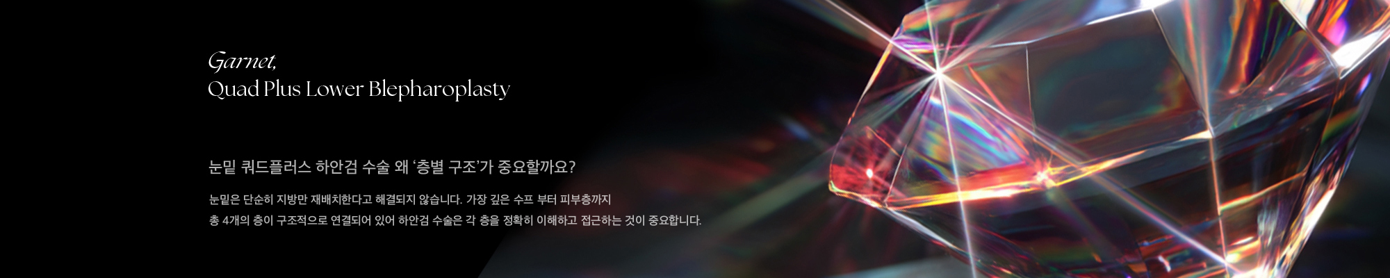 Garnet, Quad Plus Lower Blepharoplasty 눈밑 쿼드플러스 하안검 수술 왜 ‘층별 구조’가 중요할까요? 눈밑은 단순히 지방만 재배치한다고 해결되지 않습니다. 가장 깊은 수프 부터 피부층까지 총 4개의 층이 구조적으로 연결되어 있어 하안검 수술은 각 층을 정확히 이해하고 접근하는 것이 중요합니다.