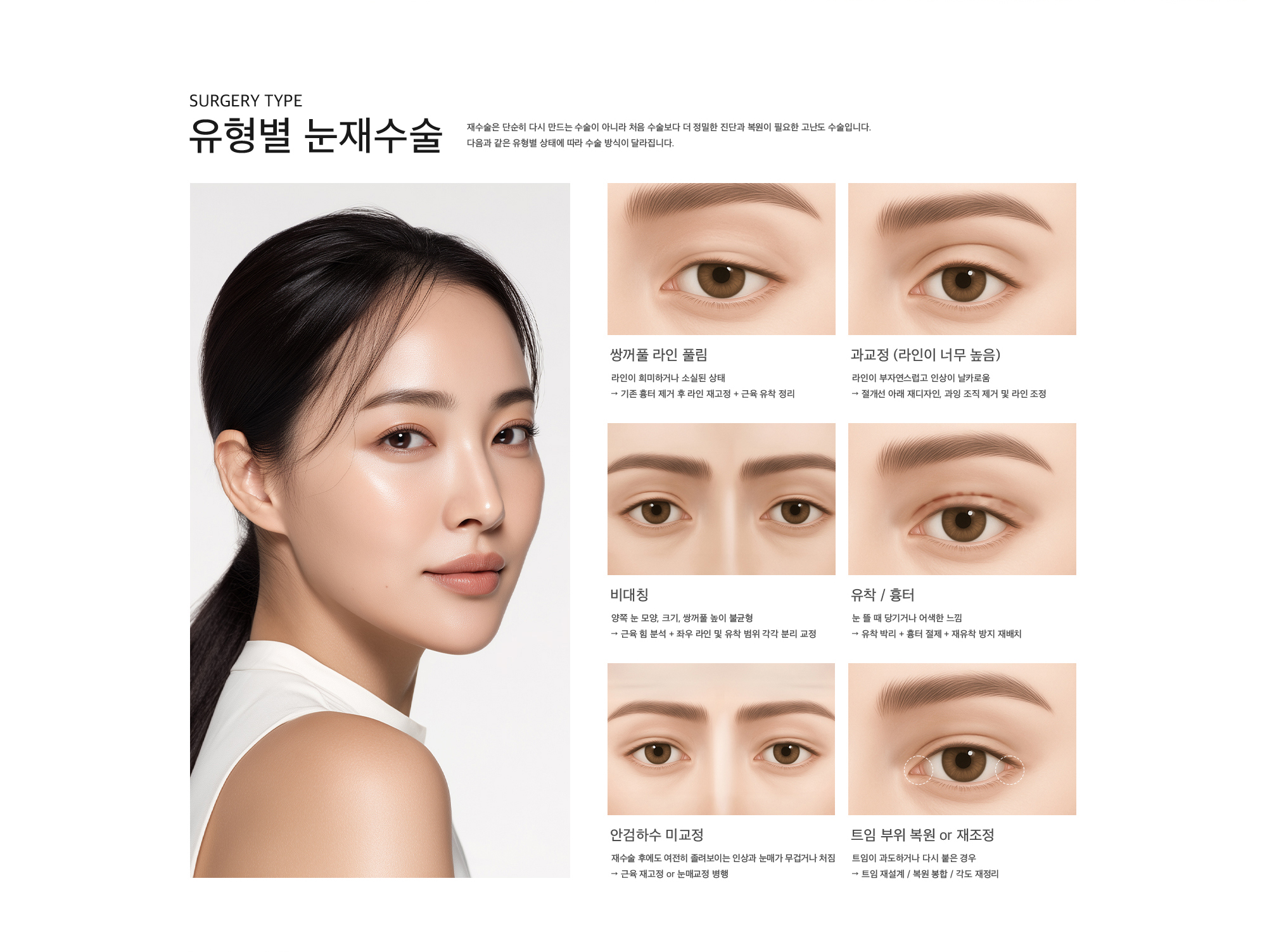 Surgery Type 유형별 눈재수술 재수술은 단순히 다시 만드는 수술이 아니라 처음 수술보다 더 정밀한 진단과 복원이 필요한 고난도 수술입니다. 다음과 같은 유형별 상태에 따라 수술 방식이 달라집니다. 쌍꺼풀 라인 풀림 : 라인이 희미하거나 소실된 상태 → 기존 흉터 제거 후 라인 재고정 + 근육 유착 정리 과교정 (라인이 너무 높음) : 라인이 부자연스럽고 인상이 날카로움 → 절개선 아래 재디자인, 과잉 조직 제거 및 라인 조정 비대칭 : 양쪽 눈 모양, 크기, 쌍꺼풀 높이 불균형 → 근육 힘 분석 + 좌우 라인 및 유착 범위 각각 분리 교정 유착 / 흉터 : 눈 뜰 때 당기거나 어색한 느낌 → 유착 박리 + 흉터 절제 + 재유착 방지 재배치 안검하수 미교정 : 재수술 후에도 여전히 졸려보이는 인상과 눈매가 무겁거나 처짐 → 근육 재고정 or 눈매교정 병행 트임 부위 복원 or 재조정 : 트임이 과도하거나 다시 붙은 경우 → 트임 재설계 / 복원 봉합 / 각도 재정리
